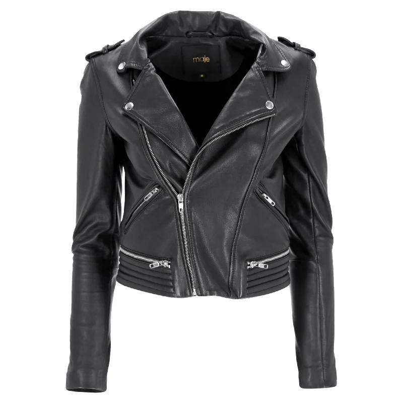 elegant wool cape for women -Maje Maya Biker Jacket with Quilt Detail in Black Leather