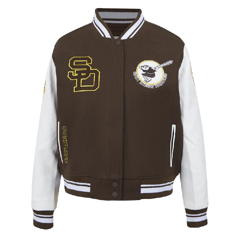 double-layered long coat for women -MLB SAN DIEGO PADRES RETRO CLASSIC WOMEN'S RIB WOOL VARSITY JACKET (BROWN/WHITE)