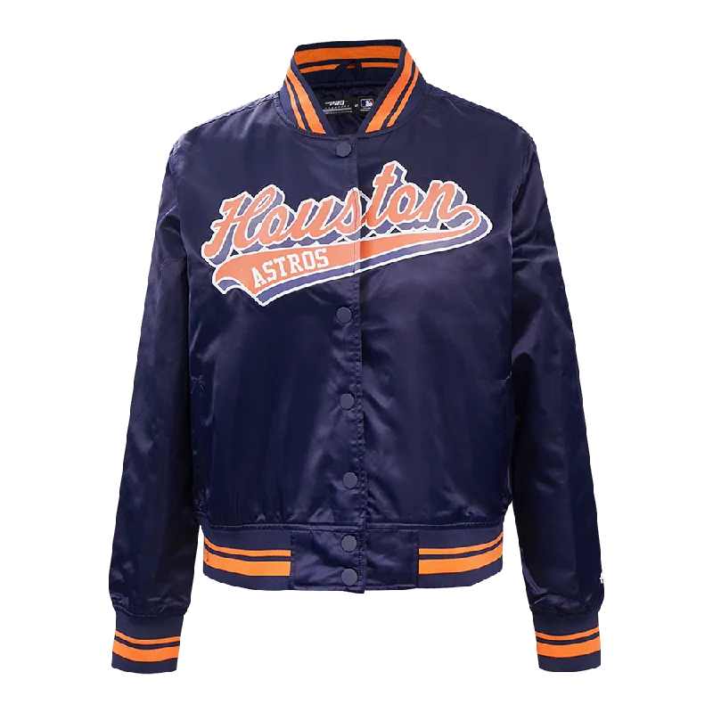 trendy plaid coat for women -MLB HOUSTON ASTROS SCRIPT TAIL WOMEN'S SATIN JACKET (MIDNIGHT NAVY/ORANGE/MIDNIGHT NAVY)