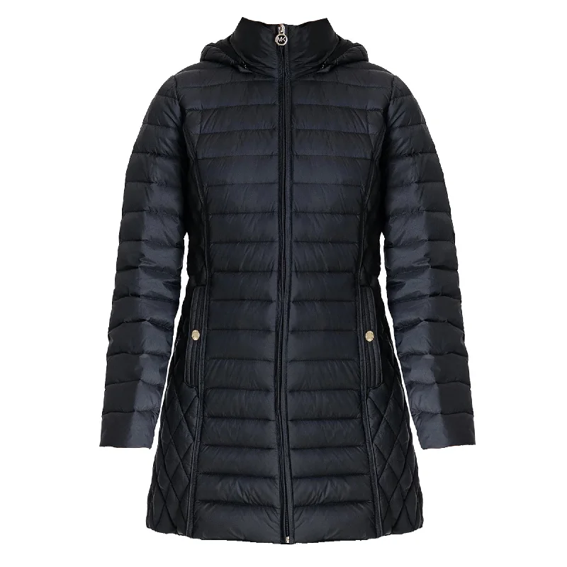 ladies' fur-lined jacket -Michael Michael Kors Women's Black Hooded Down Packable Jacket Coat with Removable Hood 3/4 Length Long