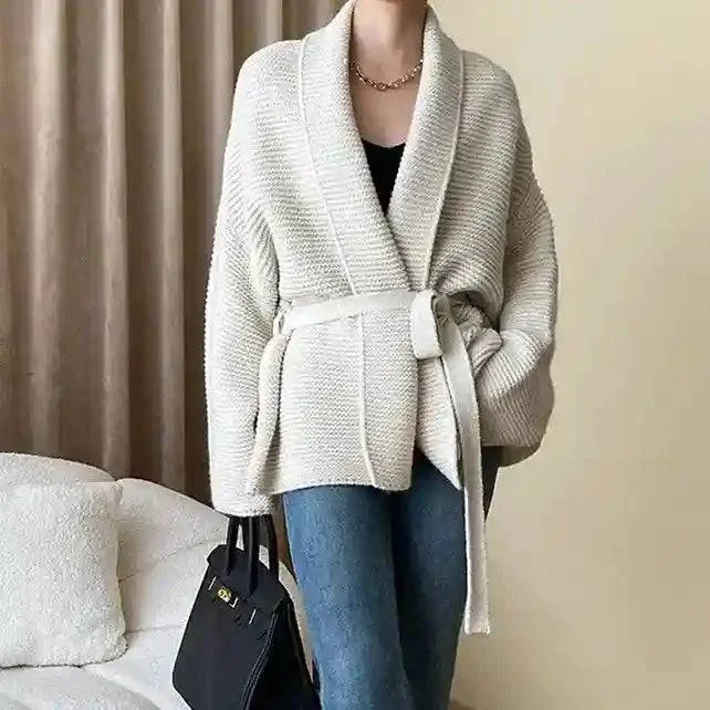 elegant wool cape for women -Paulina Long Sleeve Tie Wrap Knit Cardigan