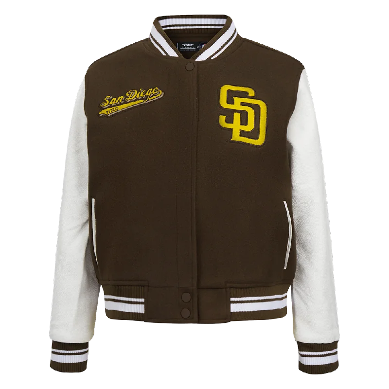 casual linen jacket for women -MLB SAN DIEGO PADRES SCRIPT TAIL WOMEN'S WOOL VARSITY JACKET (BROWN/WHITE)