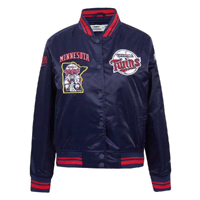 ladies' longline puffer coat -MLB MINNESOTA TWINS RETRO CLASSIC WOMEN'S RIB SATIN JACKET (MIDNIGHT NAVY/RED/MIDNIGHT NAVY)