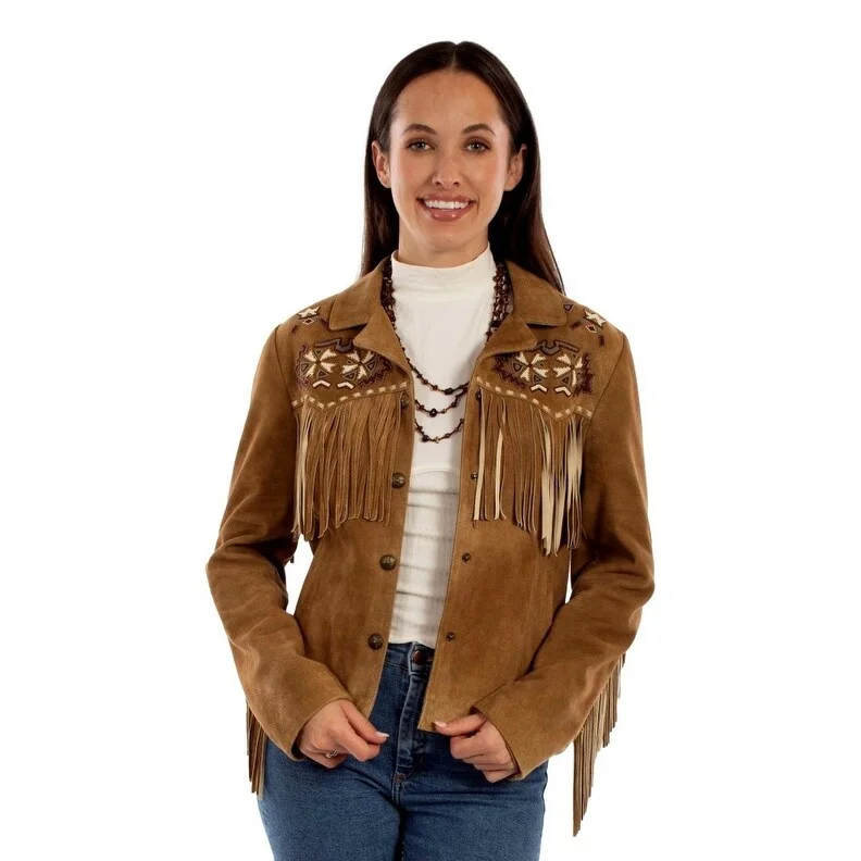 women's elegant cape coat -Scully Western Jacket Womens Leather Beaded Fringe Tan F0_L1142