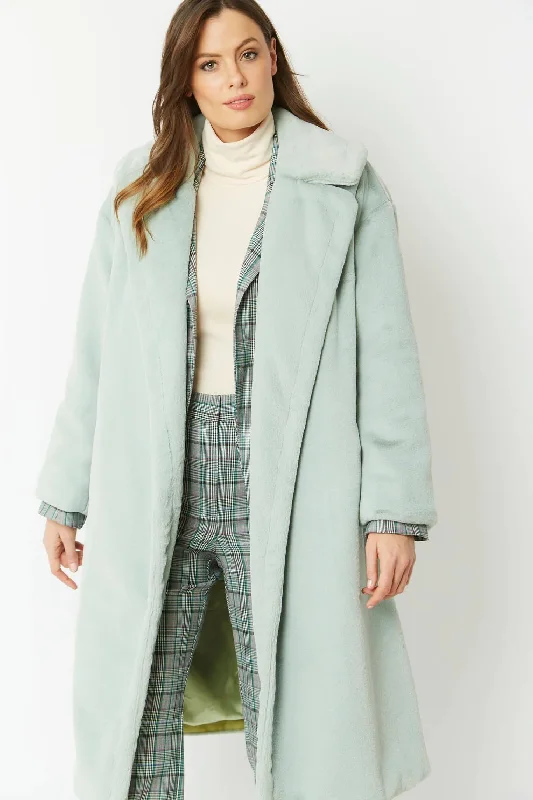 warm shearling coat for women -Light Green Faux Fur Midi Shaved Shearling Coat