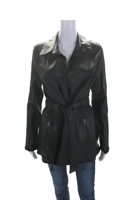 women's relaxed fit blazer -In Transit Women's Collared Long Sleeves Tie Waist Leather Jacket Black