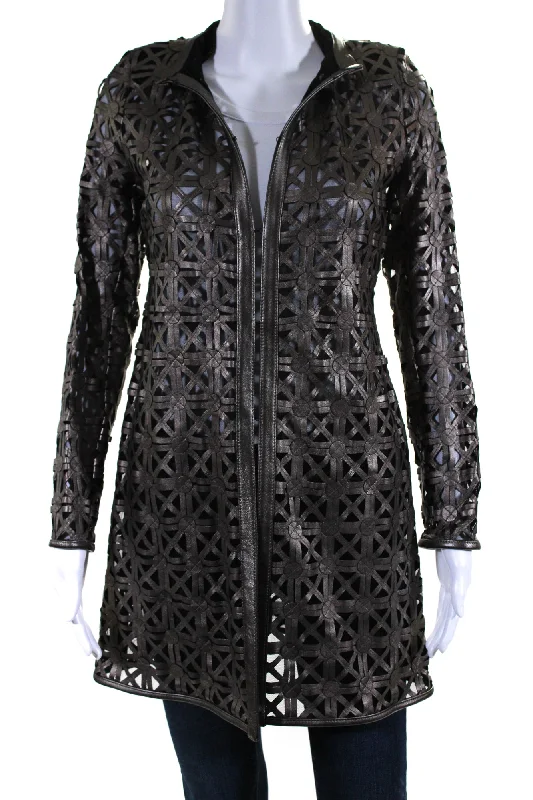 trendy plaid coat for women -In Transit Womens Laser Cut Metallic Mesh Leather Jacket Brown Black