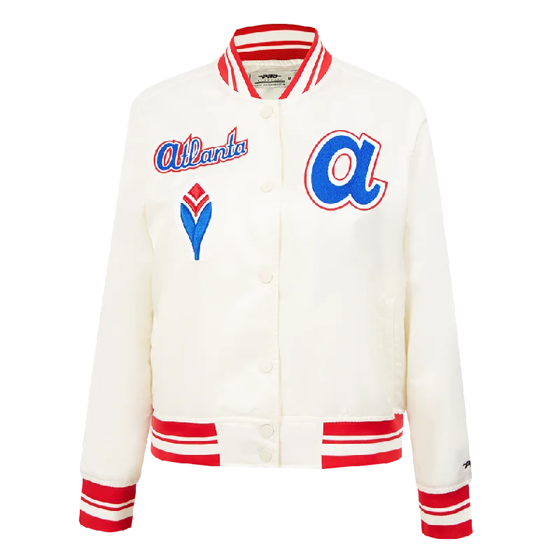 elegant long coat for women -MLB ATLANTA BRAVES RETRO CLASSIC WOMEN'S RIB SATIN JACKET (EGGSHELL/ RED)