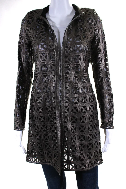 women's bohemian style kimono jacket -In Transit Womens Laser Cut Metallic Mesh Leather Jacket Brown Black