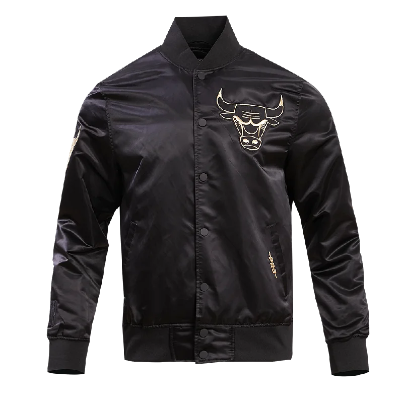 ladies' wool overcoat -CHICAGO BULLS GOLD LOGO SATIN JACKET (BLACK)