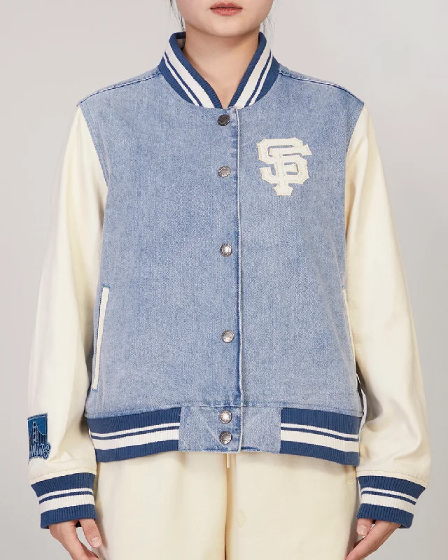 oversized women's coat -MLB SAN FRANCISCO GIANTS VARSITY BLUES WOMEN'S DENIM VARSITY WOMEN'S JACKET (DENIM/LINEN)