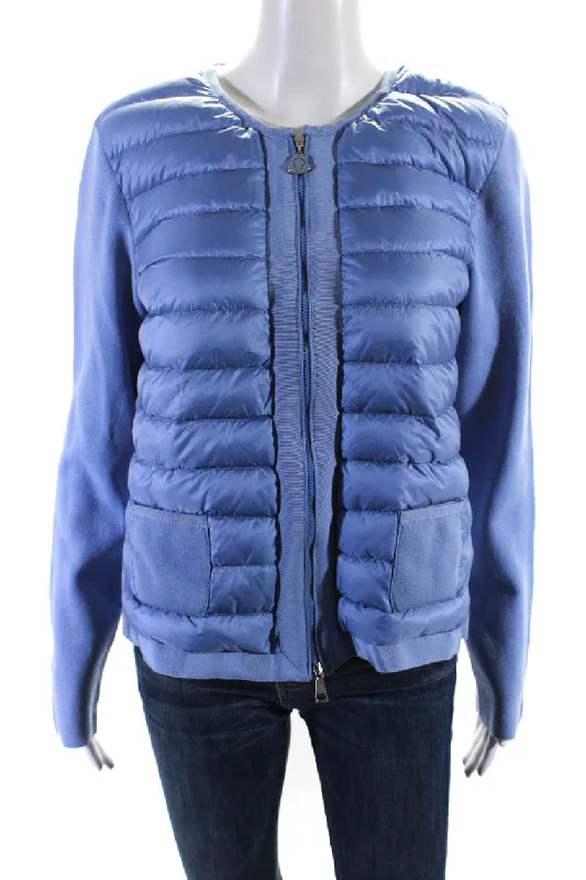 ladies' fur-lined jacket -Moncler Womens Down Filled Quilted Zip Up Knit Puffer Maglia Jacket Sweater Blue