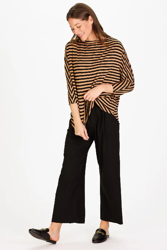 fashionable asymmetrical hem top for ladies -Betsy Top in Black & Brown Knit Stripe