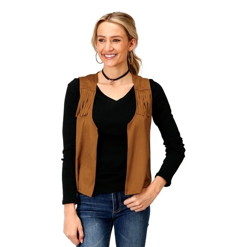 sporty track jacket for women -Roper Western Vest Womens Open Front Fringe Brown 03-074-0539-6111 BR