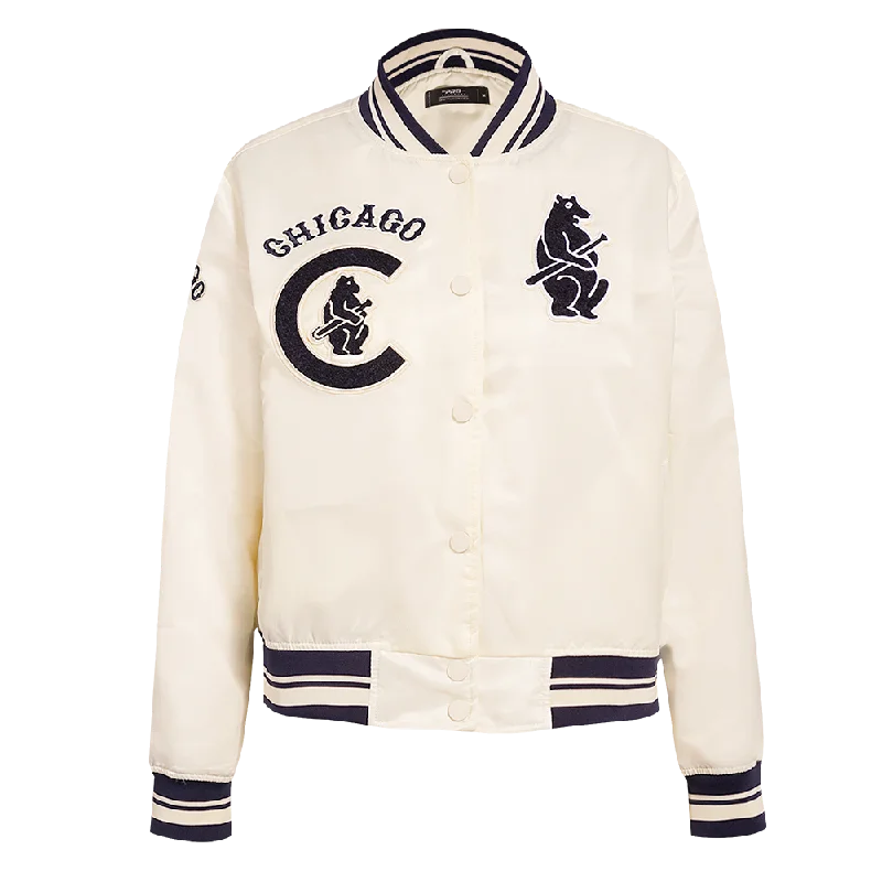 luxury faux fur coat for women -MLB CHICAGO CUBS RETRO CLASSIC WOMEN'S RIB SATIN JACKET (EGGSHELL/ MIDNIGHT NAVY)