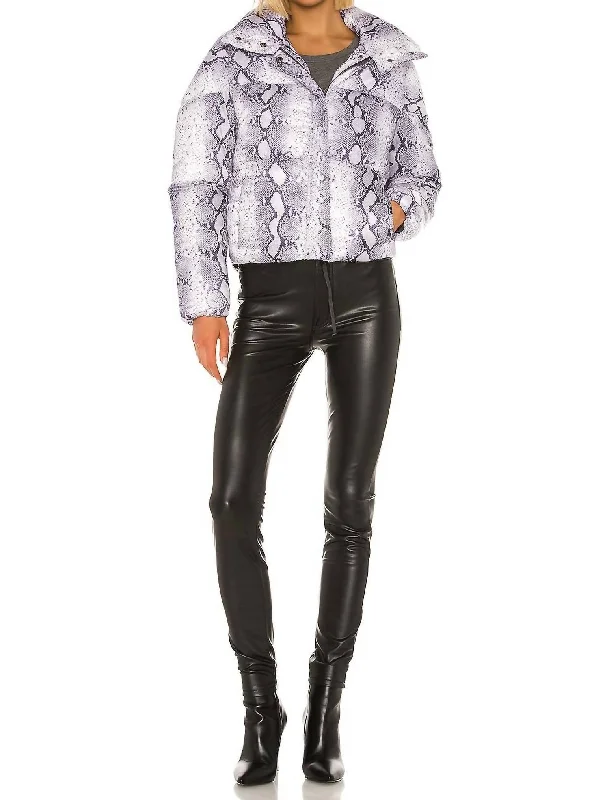 ladies' faux suede jacket -Jamie Snake Print Puffer Coat In Lilac