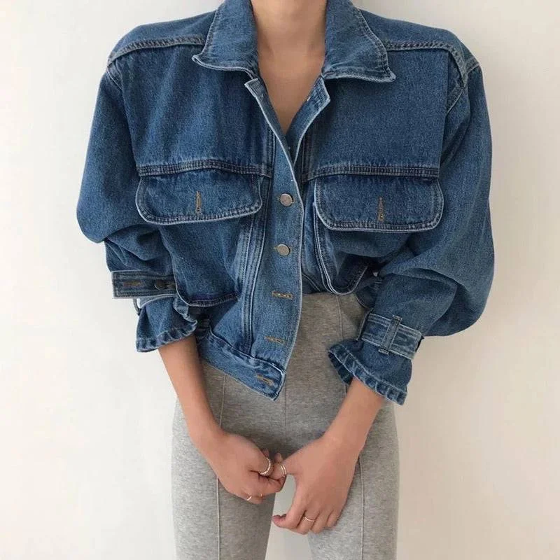 women's casual denim jacket -Elastic Waist Denim Jacket With Big Pockets