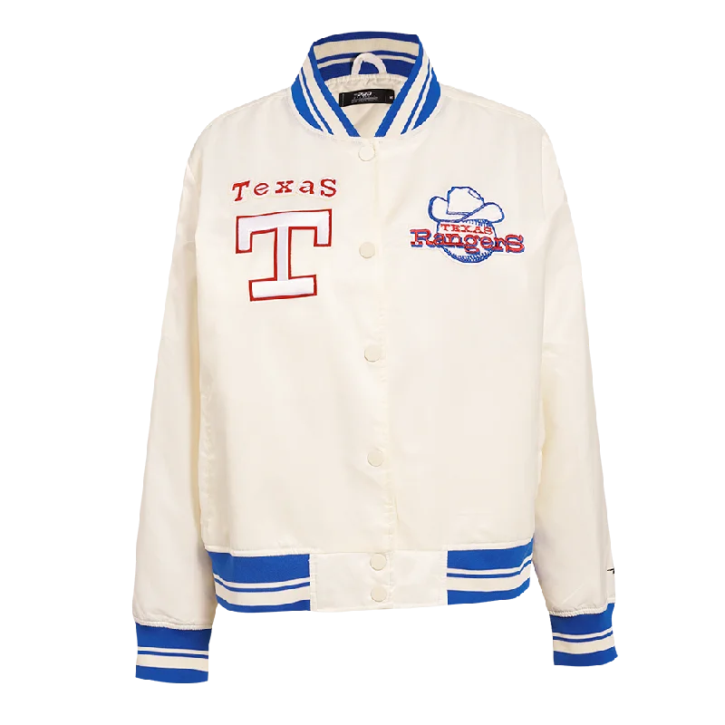 fashionable metallic puffer jacket for women -MLB TEXAS RANGERS RETRO CLASSIC WOMEN'S RIB SATIN JACKET (EGGSHELL/ROYAL BLUE)