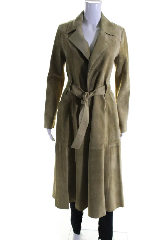 women's lightweight cargo jacket -Derek Lam Womens Suede Belted Wrap Coat Ginger Beige