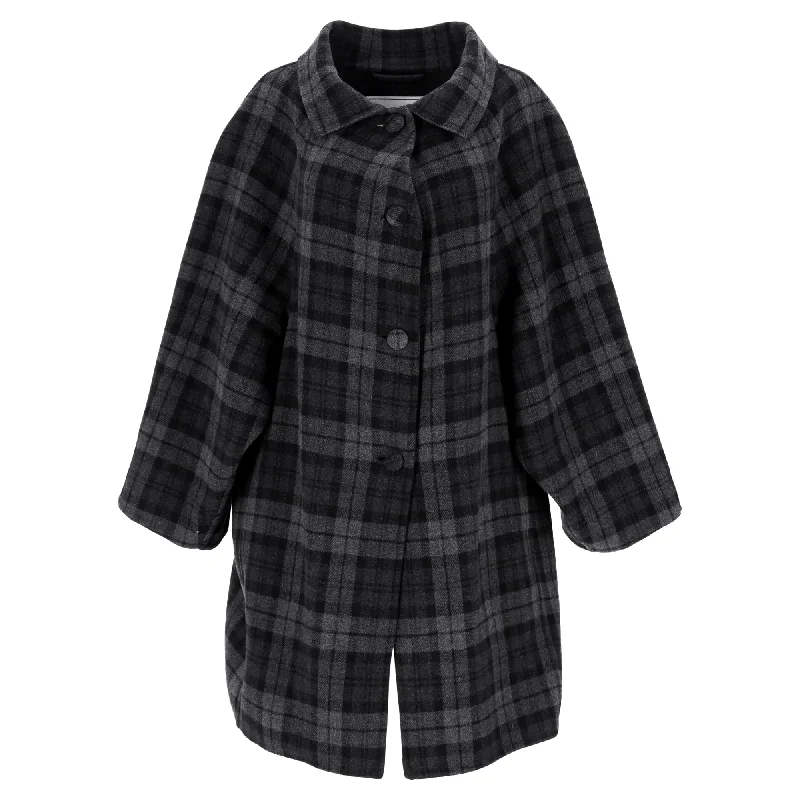 classic camel coat for ladies -Balenciaga Checked Flannel Coat In Gray Wool