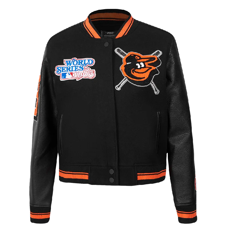 ladies' designer overcoat -MLB BALTIMORE ORIOLES MASHUP WOMEN'S RIB WOOL VARSITY JACKET (BLACK/ORANGE)