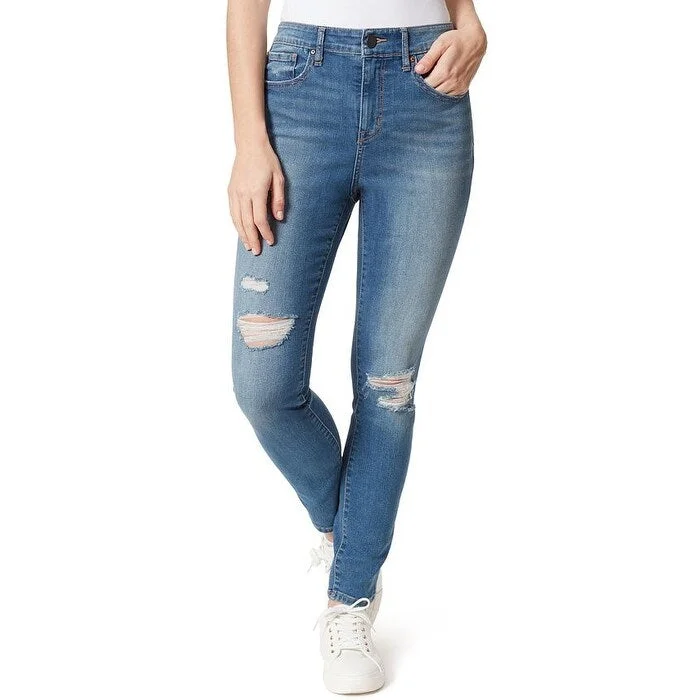 women's chic high-rise jeans -Frayed Women's Distressed High-Rise Skinny Jeans Blue Size 28