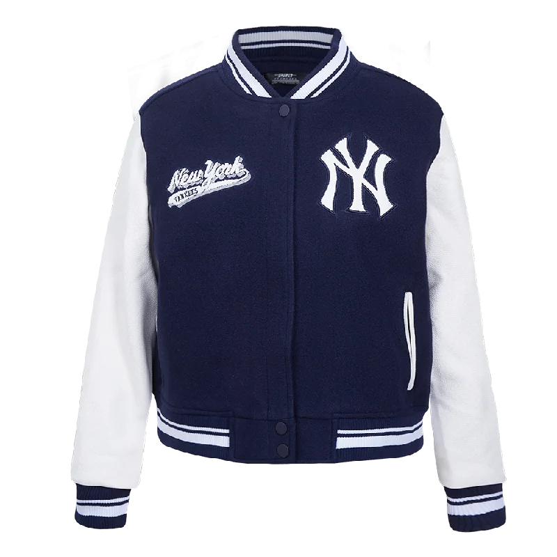 stylish knitted jacket for women -MLB NEW YORK YANKEES SCRIPT TAIL WOMEN'S WOOL VARSITY JACKET (MIDNIGHT NAVY/WHITE)