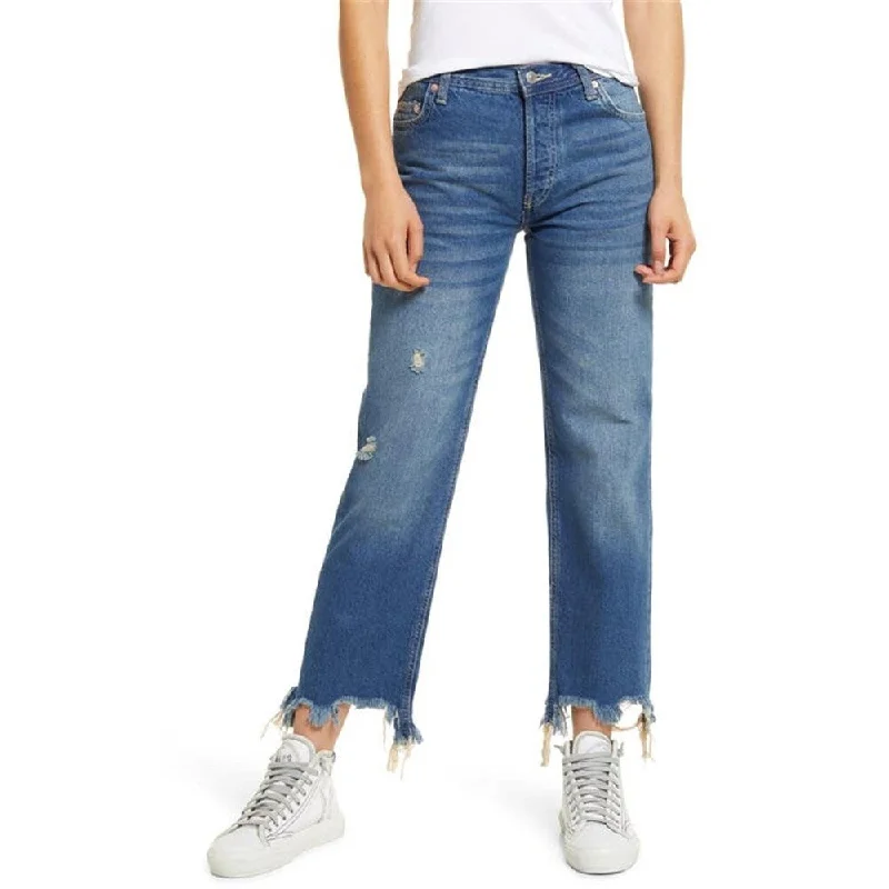 women's modern straight-leg jeans -Free People Women's Maggie Ripped Ankle Straight Leg Jeans Blue Size 28