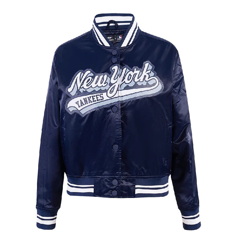 warm shearling coat for women -MLB NEW YORK YANKEES SCRIPT TAIL WOMEN'S SATIN JACKET (MIDNIGHT NAVY)