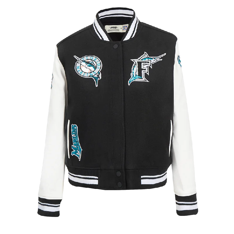 sleek minimalist coat for women -MLB FLORIDA MARLINS RETRO CLASSIC WOMEN'S RIB WOOL VARSITY JACKET (BLACK/WHITE)