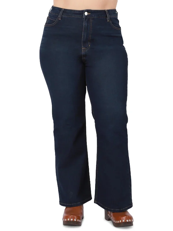 women's soft cotton denim jeans -Plus Maya Womens High Rise Relaxed Flare Jeans