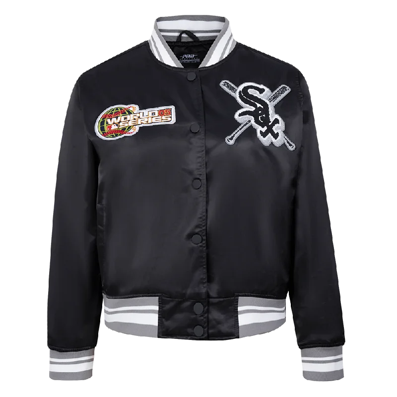 winter-ready faux shearling jacket for women -MLB CHICAGO WHITE SOX MASHUP WOMEN'S RIB SATIN JACKET (BLACK/GRAY)