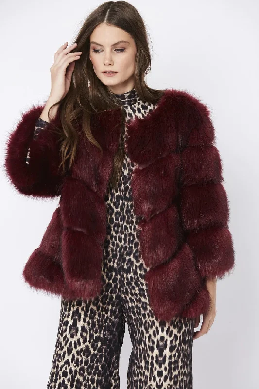 luxury designer winter coat for women -Burgundy Faux Fur Ella Coat