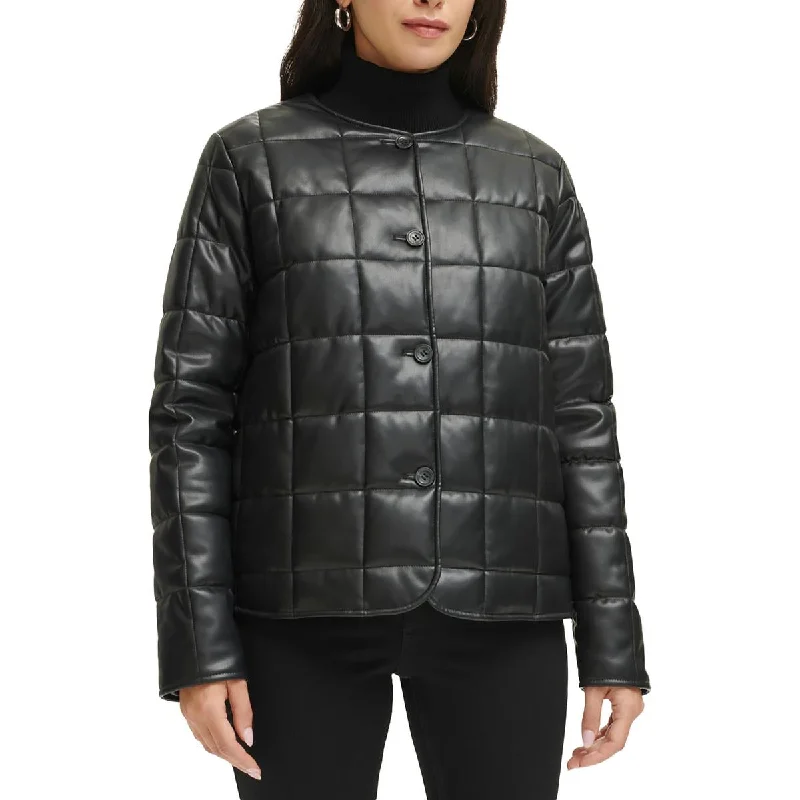 women's mid-length wool coat -Calvin Klein Womens Quiled Faux Leather Puffer Jacket