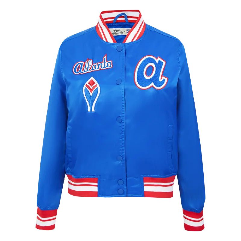 ladies' soft knit cardigan coat -MLB ATLANTA BRAVES RETRO CLASSIC WOMEN'S RIB SATIN JACKET (ROYAL BLUE/RED)