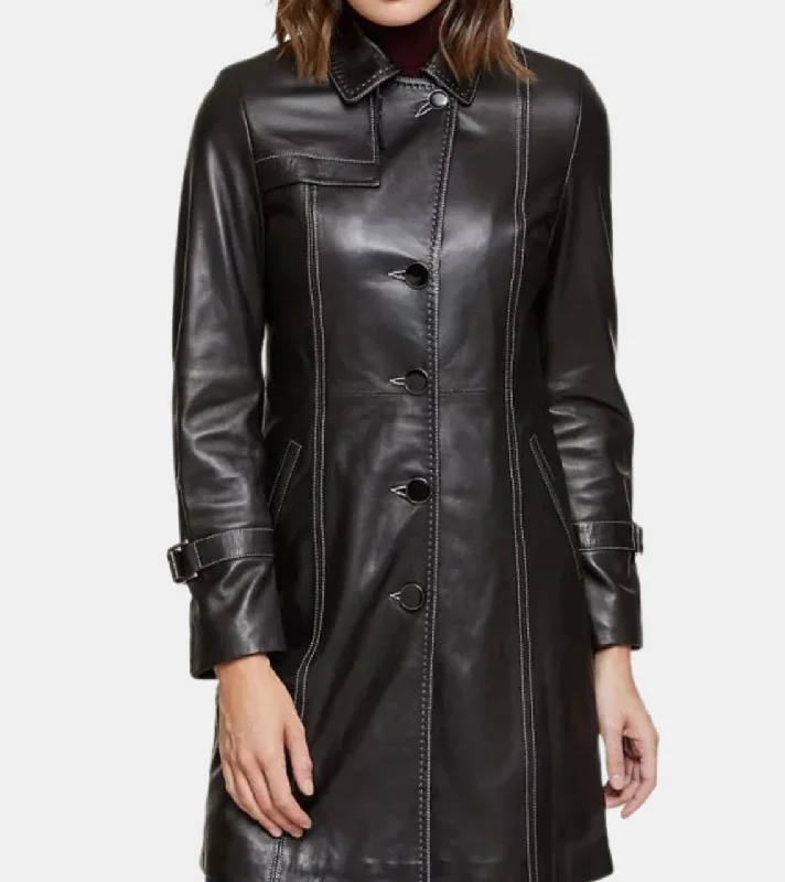 women's elegant cape coat -Emmeline Women's Black Leather Coat