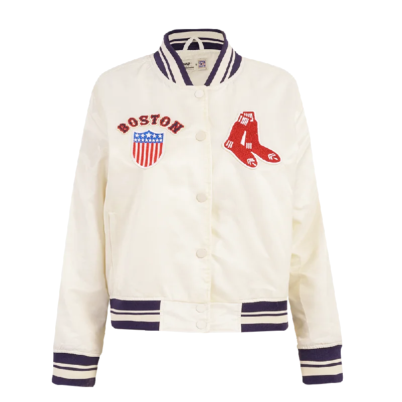 ladies' fur-lined jacket -MLB BOSTON RED SOX RETRO CLASSIC WOMEN'S RIB SATIN JACKET (EGGSHELL/ MIDNIGHT NAVY)