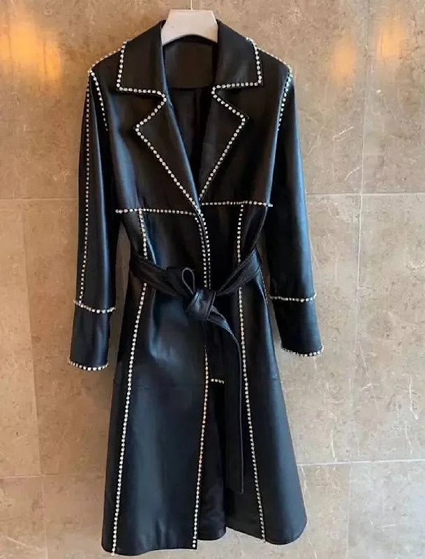 women's thermal long coat -Sheepskin Leather Long Coat With Crystal Trims