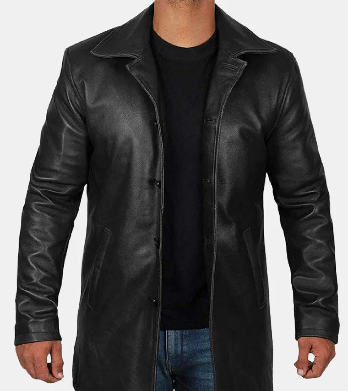 women's casual denim jacket -Deven Men's Black Leather Coat