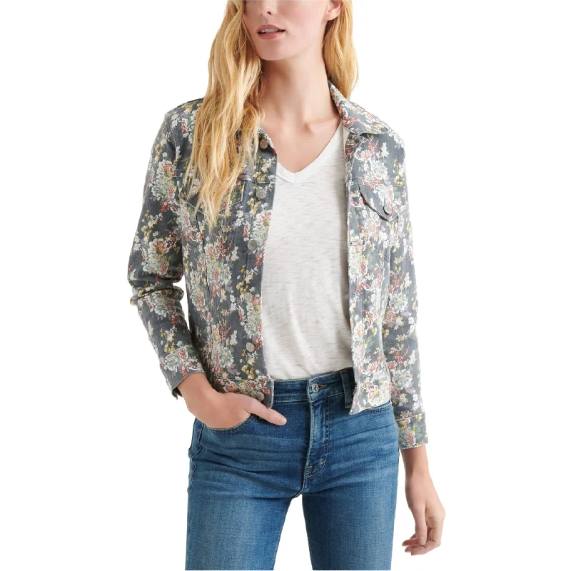 women's cropped bomber jacket -Lucky Brand Womens Floral Trucker Jean Jacket, Grey, Large