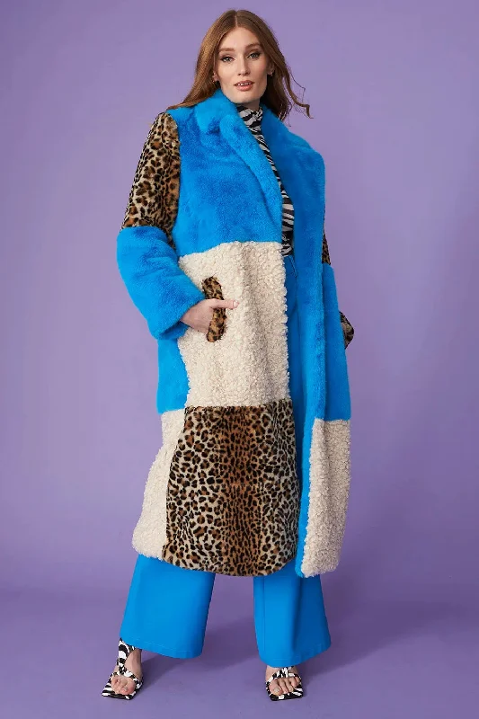 ladies' soft knit cardigan coat -Blue Faux Fur and Faux Shearling Maxi Coat