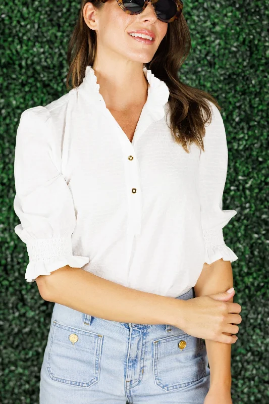 trendy velvet crop top for ladies -Percy Popover in White Textured Floral