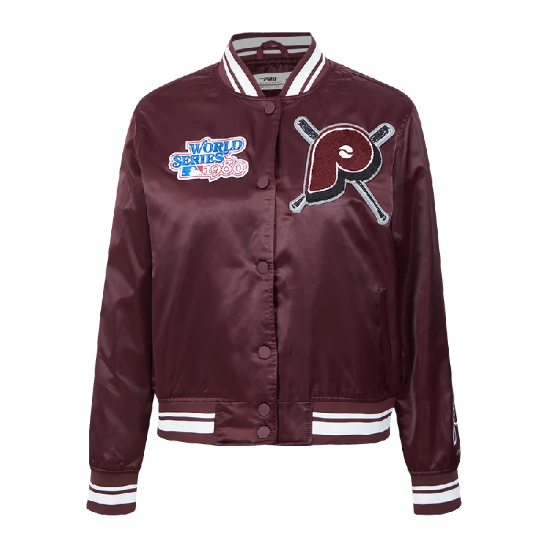 cropped faux leather jacket for women -MLB PHILADELPHIA PHILLIES RETRO MASHUP WOMEN'S RIB SATIN JACKET (WINE)