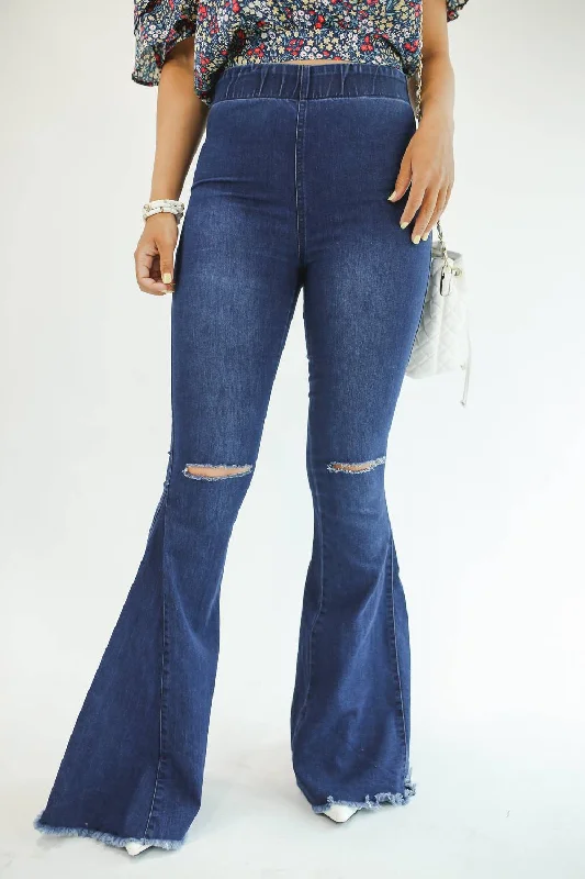 women's raw hem jeans -Logan High Waist Flares Jeans In Dark Denim