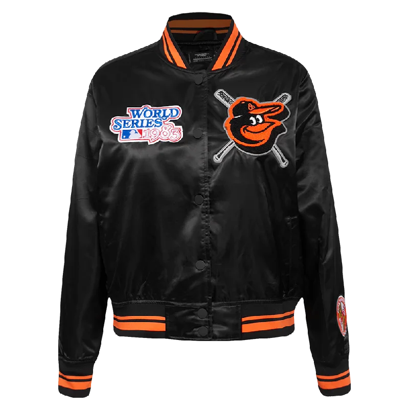 structured blazer jacket for women -MLB BALTIMORE ORIOLES MASHUP WOMEN'S RIB SATIN JACKET (BLACK/ORANGE)