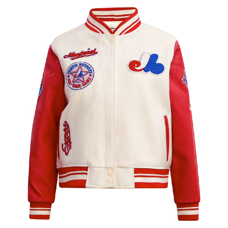 sustainable eco-friendly coat for women -MLB MONTREAL EXPOS RETRO CLASSIC WOMEN'S RIB WOOL VARSITY JACKET (EGGSHELL/ RED)