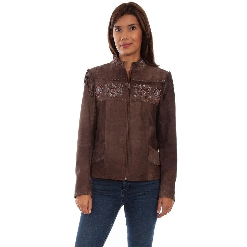 chic oversized blazer for women -Scully Western Jacket Womens Leather Fringe Beaded Chocolate F0_L1051