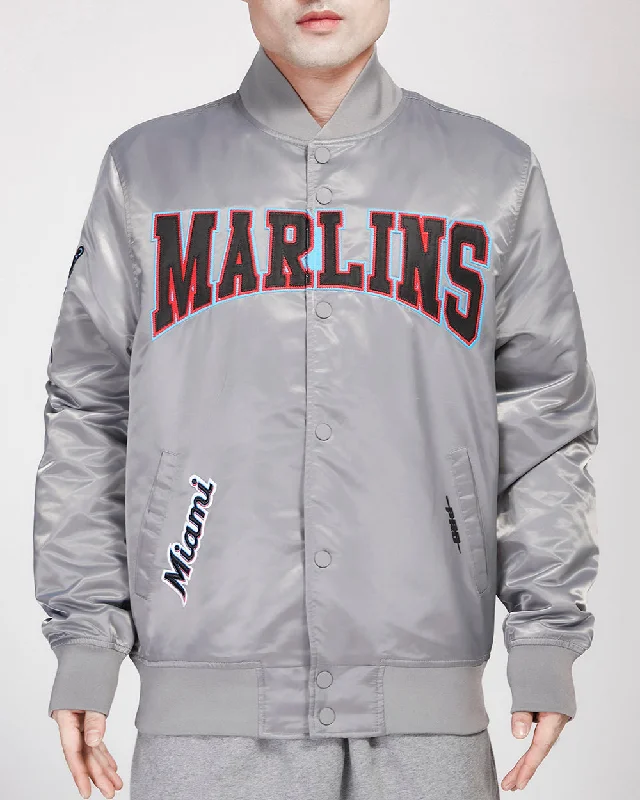 women's mid-length wool coat -MLB MIAMI MARLINS CREST EMBLEM SATIN JACKET (GRAY)