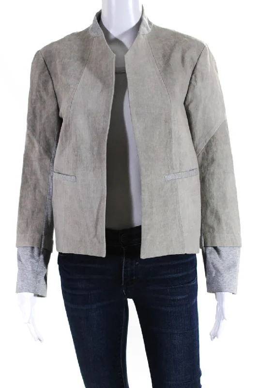 women's fur-trimmed parka -VPL Womens Linen Cropped Open Front Jacket Gray