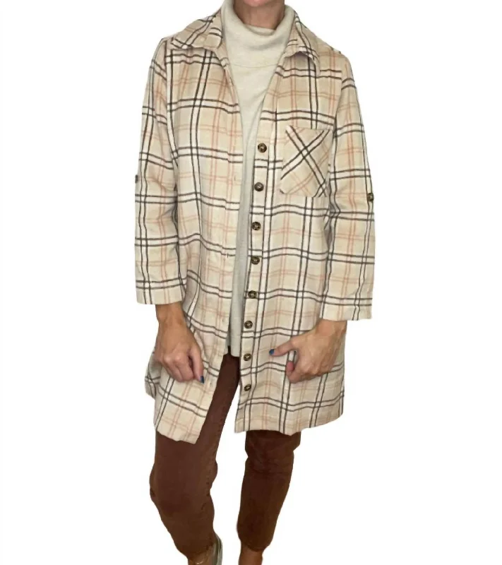 women's reversible coat -Patrice Plaid Shacket In Cream Multi